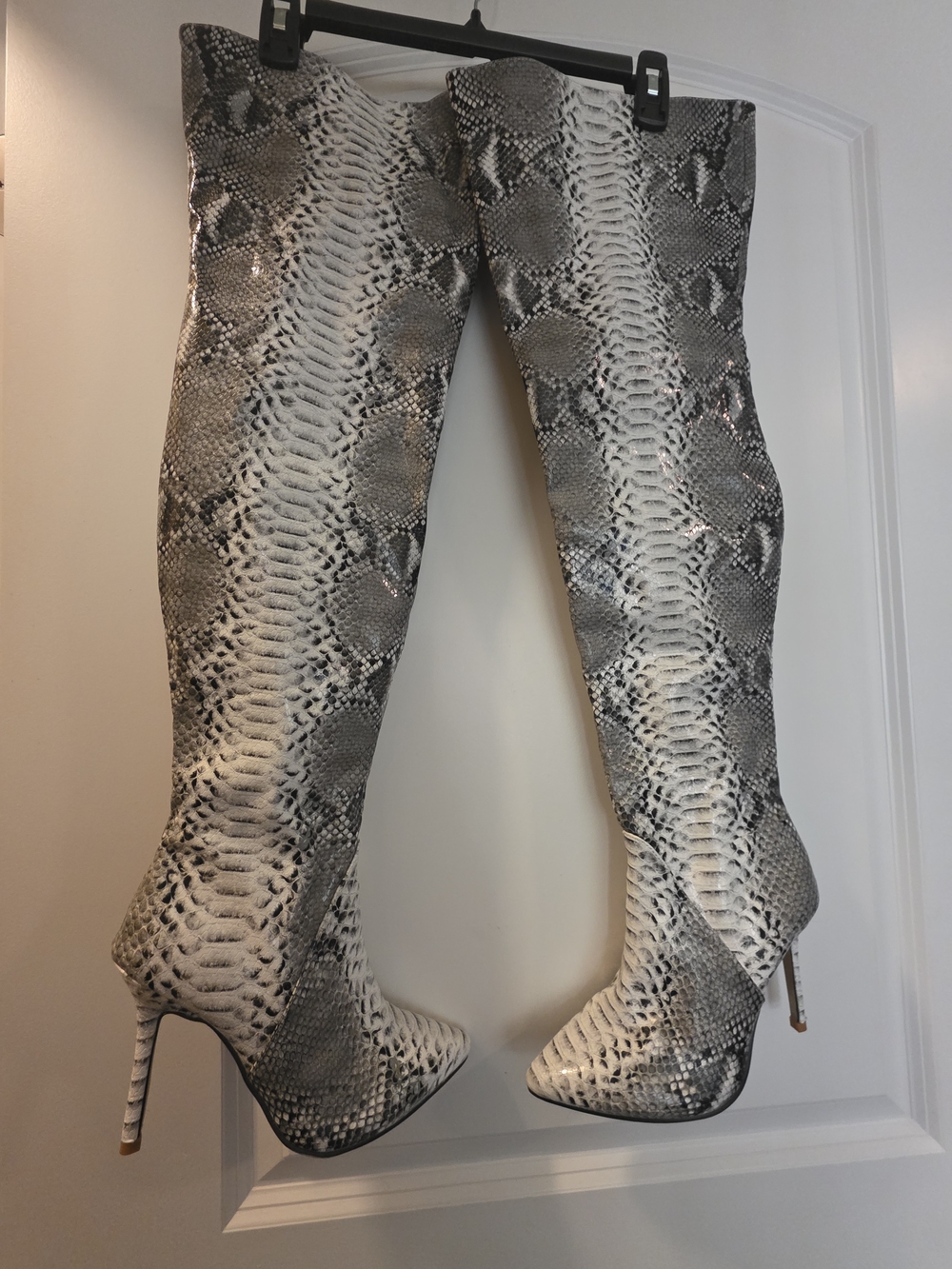 Snakeskin Over-the-Knee Stiletto Boots - Black/White/Grey